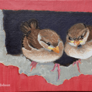 Two little sparrow chicks perched on broken wall painting for sale