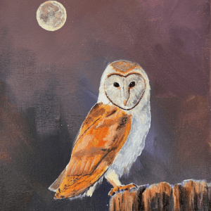 Original painting by Paula Jobson of a barn owl sitting on a weathered post with a beautiful full moon
