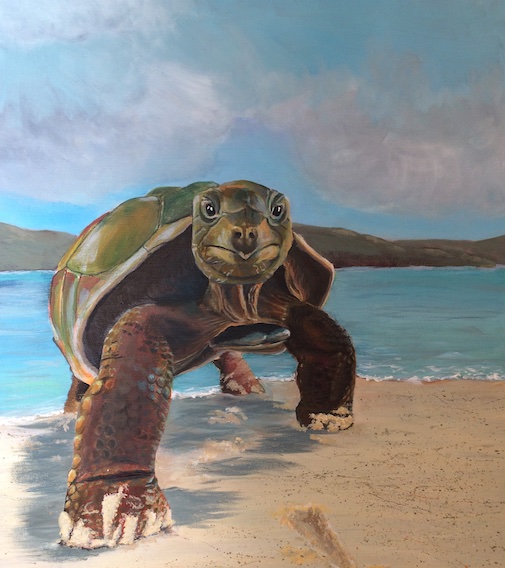 Original artwork by Paul Jobson of a Colourful tortoise walking back from from the lake on a sunny day