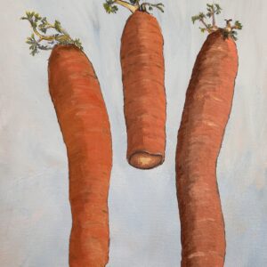 Original artwork by Paula Jobson of three farm shop carrots bursting into life