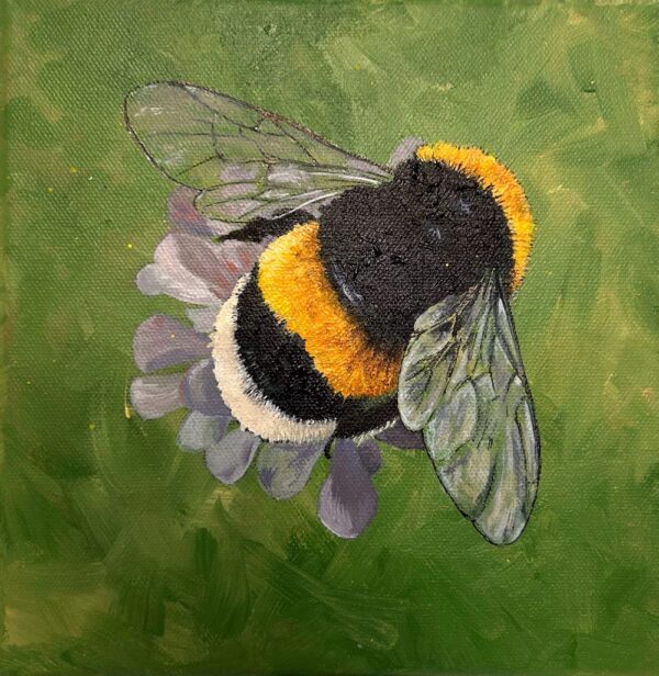 Bee on Cornflower is an acrylic painting by Paula Jobson sized 20 x 20 cm art for sale